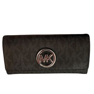 Michael Kors MK Logo Black Continental Wallet Snap Clutch Organizer